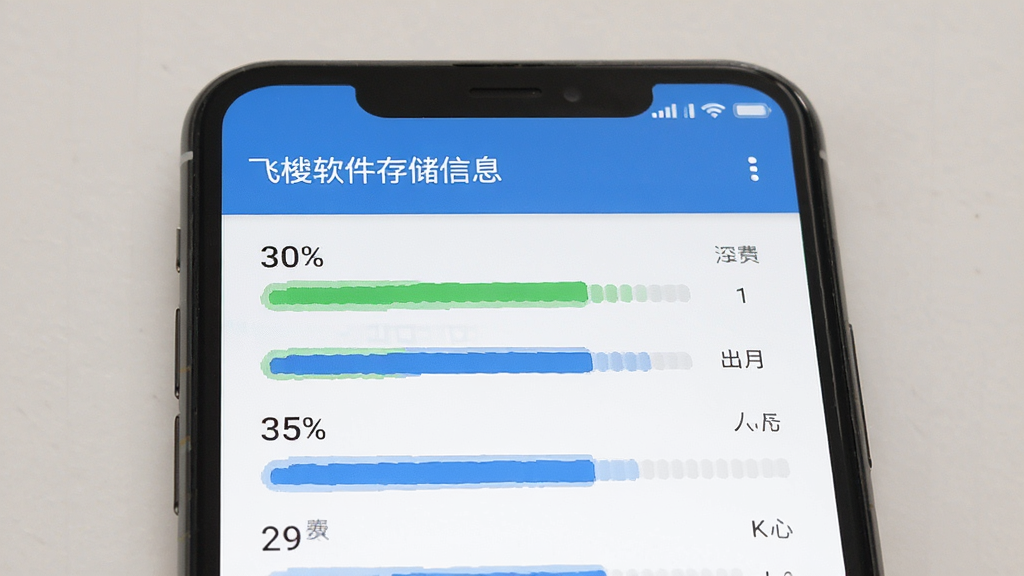 一部手机屏幕显示飞梭软件存储占用信息页面,主体为手机和存储数据面板,布局为左右分栏,排版为上方标题下方数据条,风格为清爽扁平化,细节包括绿色和蓝色的占用进度条、清晰的数字标注,画质干净清晰,无多余元素