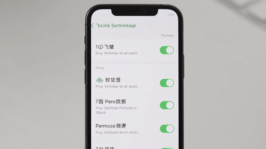 一部手机展示飞梭软件权限设置界面,主体为手机和权限开关列表,布局为纵向排列,排版为每行一个权限项,风格为简洁明快,细节包括开关按钮、权限名称和说明文字,画质清晰干净,无多余元素