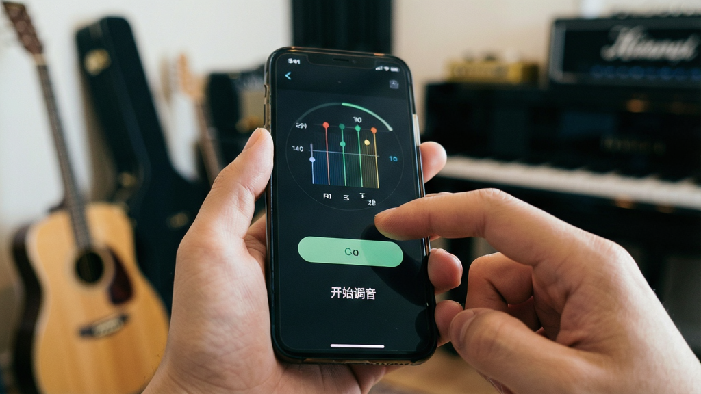 一部手机握在手中,屏幕显示吉他调音器的启动界面,有简洁的调音按钮和