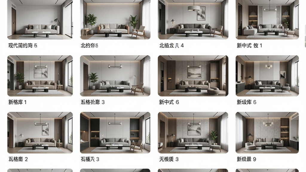 一张展示AI室内设计专家风格模板库的图片,画面以网格形式排列着多张不同风格的室内效果图缩略图,包括现代简约、北欧、新中式等,每张图下方有风格名称标签,界面整洁,风格为应用商店展示页,画质高清,干净,无多余元素