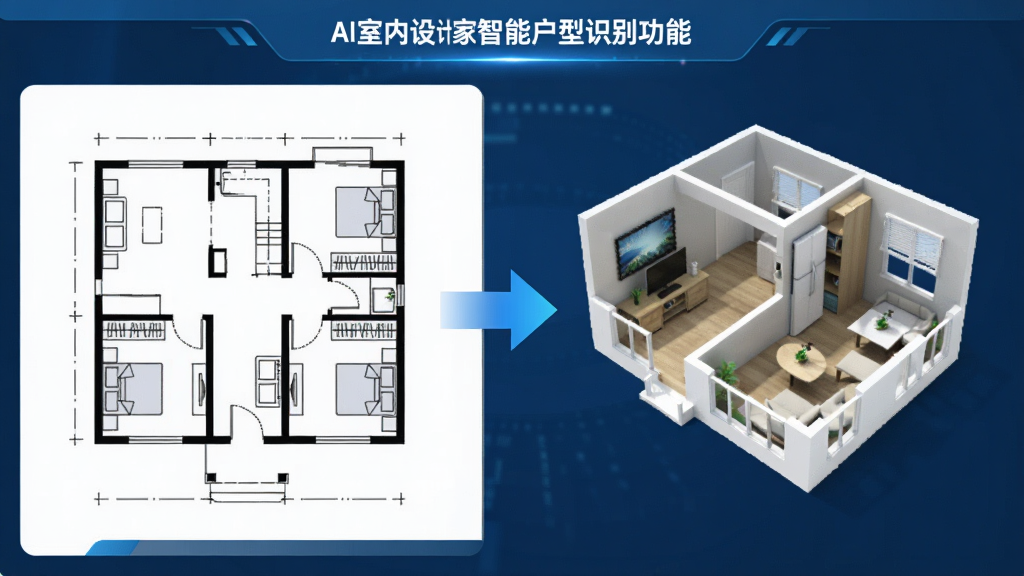 一张展示AI室内设计专家智能户型识别功能的图片,画面左侧是一张二维户型图,右侧是自动生成的三维立体户型模型,中间有箭头连接表示转换过程,界面简洁,风格为科技蓝配色,画质清晰,干净,无多余元素