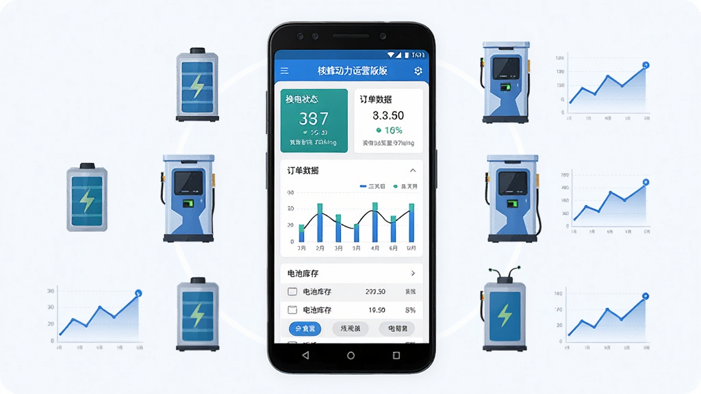 核蜂动力运营版软件主界面展示,画面中央放置一部安卓手机,手机屏幕显示核蜂动力运营版运营管理后台首页,包含换电柜状态卡片、订单数据图表、电池库存列表等模块,手机周围环绕电池图标、换电柜图标、数据折线图等扁平化元素,整体采用蓝白科技风格,布局居中对称,排版清晰有层次,细节上突出界面按钮与数据卡片,画面干净无多余装饰,高清画质,适合软件下载站配图