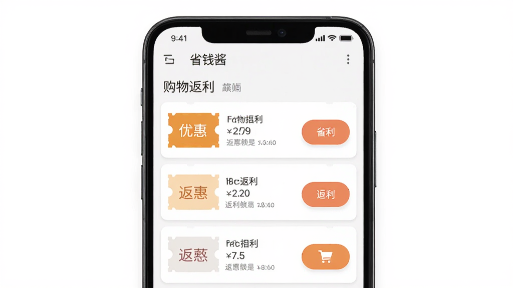 一款名为“省钱酱”的安卓手机应用界面,主体是手机屏幕展示购物返利列表,布局为居中手机正面图,排版干净,风格为现代扁平化科技风,细节包括优惠券图标、返利数字、购物车按钮,画质高清,画面干净,无多余元素。