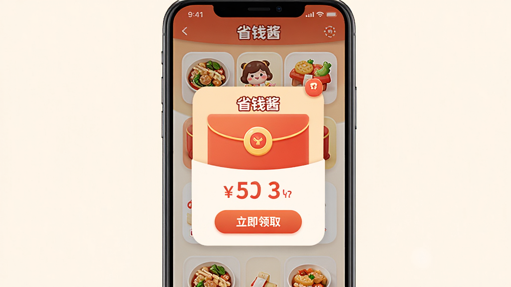 手机屏幕展示“省钱酱”外卖红包领取页面,主体为红包弹窗和外卖美食图标,布局居中,排版活泼,风格暖色调卡通,细节有“省钱酱”字样、红包金额、立即领取按钮,画质高清,画面干净,无多余元素。