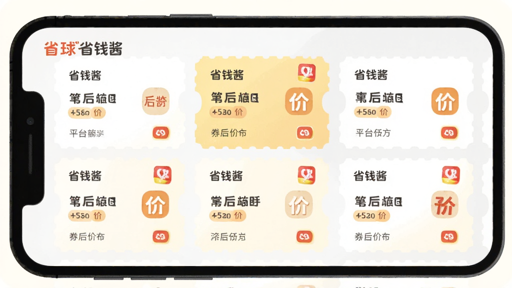 “省钱酱”应用首页截图风格插画,主体为手机屏幕中排列多张优惠券卡片,布局上下结构,排版整齐,风格清新浅色,细节有“省钱酱”文字标识、券后价标签、平台图标,画质清晰,画面干净,无多余元素。