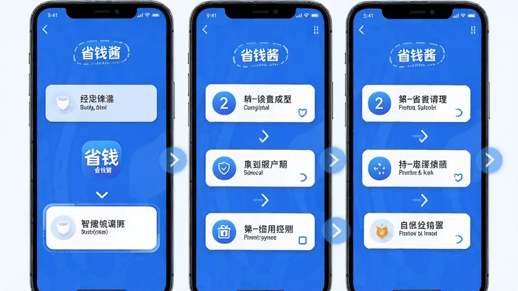 手机屏幕显示“省钱酱”新手引导页面,主体为分步操作图示,布局为三屏滑动示意,排版简洁,风格蓝色科技感,细节有“省钱酱”图标、箭头指引、文字说明框,画质清晰,画面干净,无多余元素。