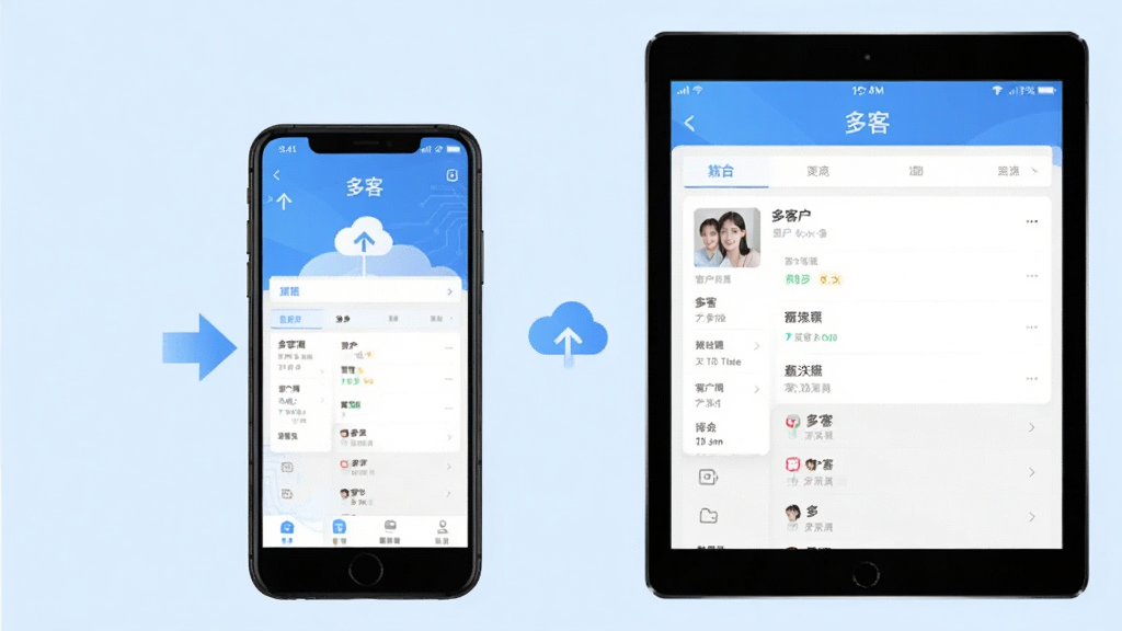 一张多客APP多端同步示意图,画面为手机与平板并排展示相同客户数据界面,屏幕内均显示“多客”应用,背景为浅蓝色,布局采用左右对称构图,风格为科技简洁风,细节上体现同步箭头与云端图标,画质清晰,干净,无多余元素