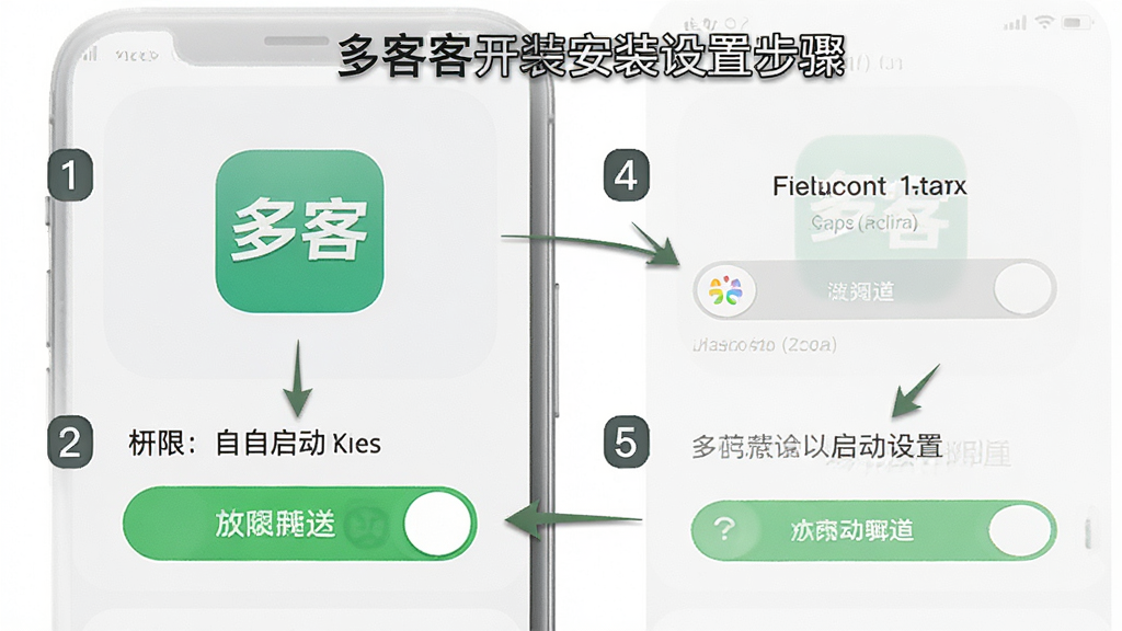 一张多客APP安装设置步骤示意图,画面为手机屏幕展示权限开启与自启动设置界面,屏幕内包含“多客”应用图标,背景为浅灰色,布局采用分步编号排版,风格为教程指引风,细节上体现开关按钮与箭头指示,画质清晰,干净,无多余元素