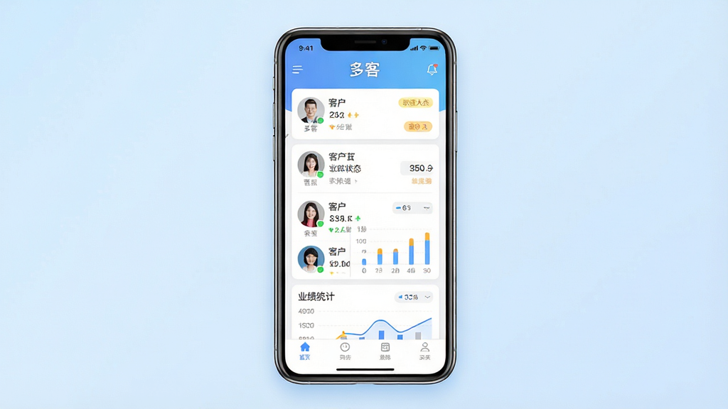一张展示多客销售管理APP主界面的手机预览图,画面中央是一部竖屏智能手机,屏幕内显示客户列表与业绩统计卡片,包含“多客”文字标识,背景为简洁的浅蓝色渐变,布局采用居中构图,风格为现代扁平化UI展示,细节上体现客户头像、跟进状态标签、数据图表等元素,画质清晰,干净,无多余元素