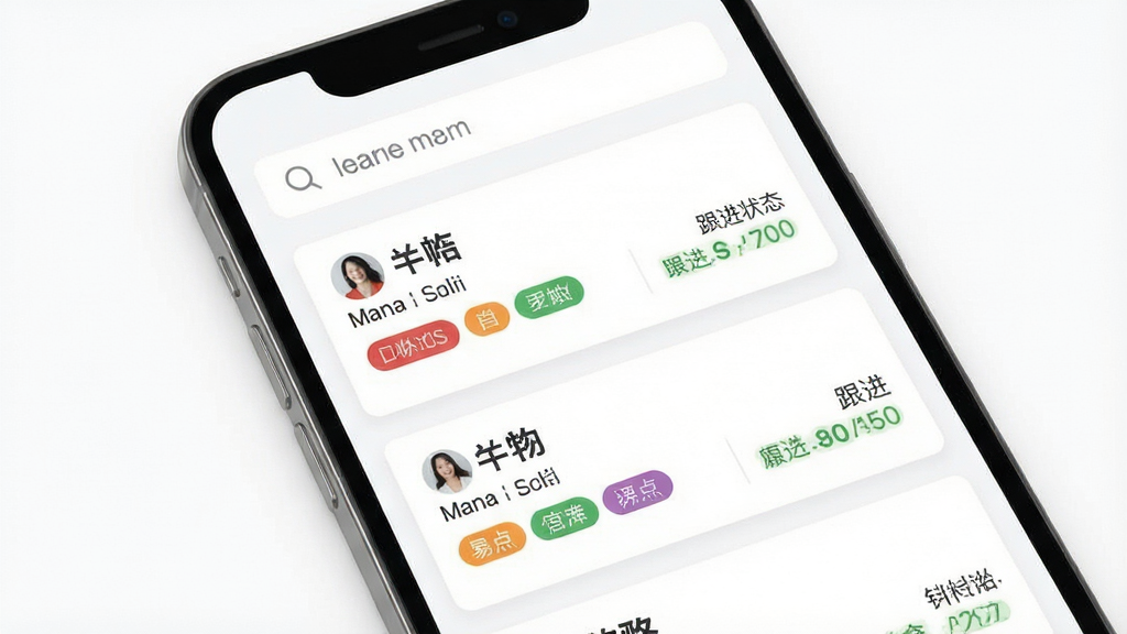 一张多客APP客户管理功能展示图,画面主体为手机屏幕内呈现客户信息卡片列表,每张卡片包含姓名、标签与跟进状态,屏幕上方有搜索框,背景为干净白色,布局采用上下结构,风格为清爽商务风,细节上体现不同颜色标签分类,画质清晰,干净,无多余元素