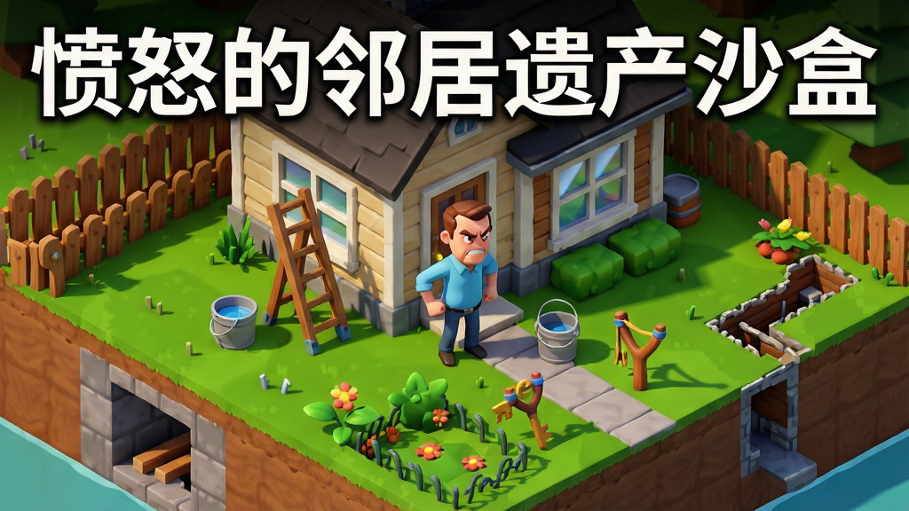 画面中央展示一个卡通风格的开放社区俯瞰图,布局包含多层房屋、地下室入口、花园陷阱和隐藏通道,主体是一个表情愤怒的邻居角色站在房屋门口,周围散布着可交互的道具如梯子、水桶、弹弓和钥匙,排版采用等距视角的沙盒地图样式,风格为明亮鲜艳的美式卡通3D渲染,细节包含草地纹理、木栅栏、窗户反光和动态阴影,画质清晰干净,无多余元素,图片上方用白色粗体字写