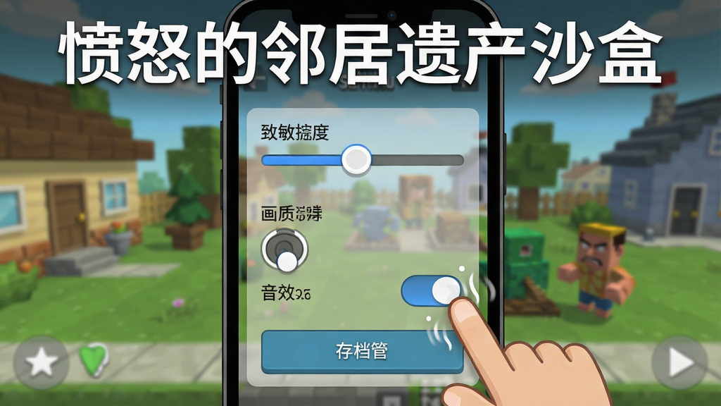 一个卡通风格的手机界面展示图,主体是愤怒的邻居遗产沙盒的游戏设置菜单,布局包含灵敏度滑块、画质选项、音效开关和存档管理按钮,排版采用手机竖屏截图样式,风格为简洁明快的扁平化UI设计,细节包含手指点击滑块的动态效果、半透明的设置面板和背景中模糊的游戏场景,画质清晰干净,图片上方用白色文字写