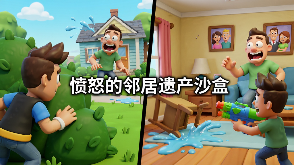画面展示两个并排的卡通场景,左侧是玩家角色躲在灌木丛后潜行观察邻居,右侧是玩家拿着水枪与邻居在客厅追逐,布局采用左右对比分镜,风格为鲜艳明快的卡通3D画风,细节包含表情夸张的邻居、飞溅的水花、翻倒的椅子和墙上的家族照片,画质清晰干净,图片中间用白色文字写