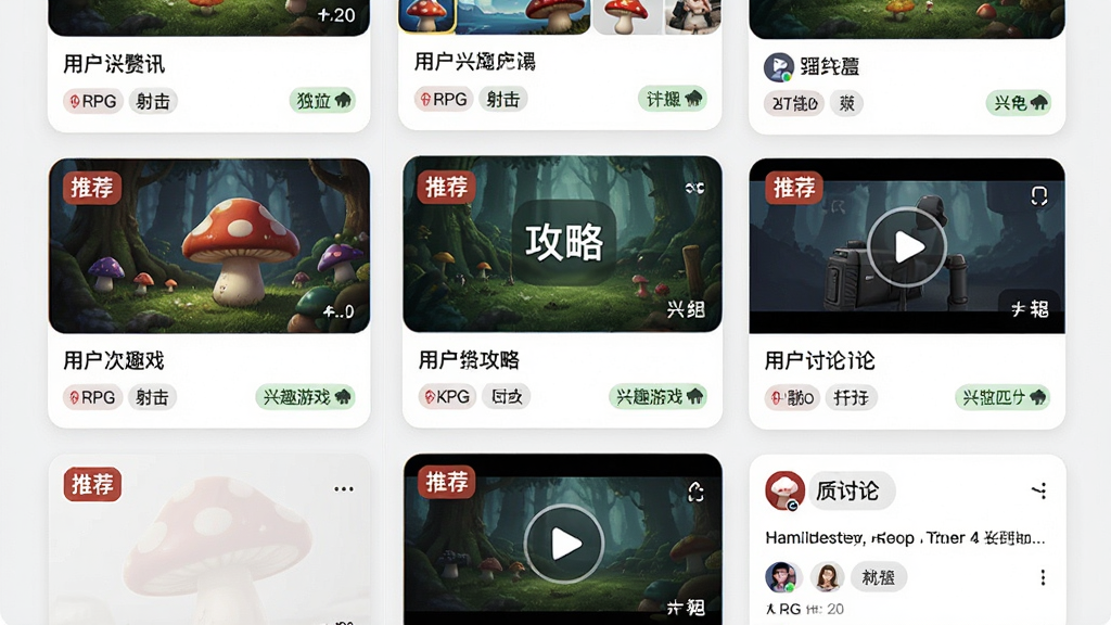 һ�Ÿ��Ի��Ƽ�ҳ���AI��ͼ������չʾ��Ģ��APP����ҳ�Ƽ�������Ƭ�л������Ѷ�����ԡ���Ƶ����������ÿ�ſ�Ƭ���С��Ƽ�����ǩ����Ȥƥ�����ʾ������Ϊ�ٲ���ʽ�����Ϊ�ִ���Ƭ��ƣ�ϸ�����û���Ȥ��ǩ�硰RPG�����������������Ϸ���������������ɾ����޶���Ԫ�ء�