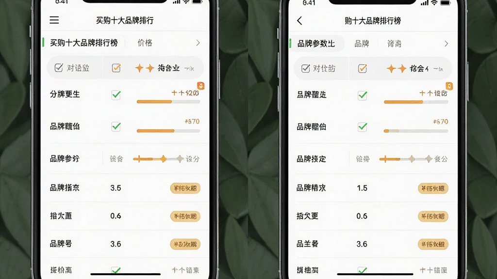 一张手机应用界面截图,主体为买购十大品牌排行榜的品牌对比功能页面,布局为左右分栏的品牌参数对比表格,排版规整,风格清爽素雅,细节包含对比项勾选、评分条、价格标签,画质高清,干净,无多余元素