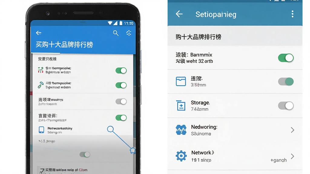 一张手机操作示意图,主体为买购十大品牌排行榜在安卓手机上的安装权限设置界面,布局为手机屏幕与设置菜单的合成图,排版直观,风格简洁明快,细节包含权限开关、存储选项、网络设置图标,画质高清,干净,无多余元素