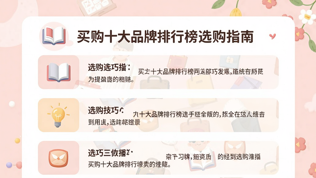 一张扁平化插画风格图片,主体为买购十大品牌排行榜选购指南页面,布局为图文混排的文章列表,排版舒适,风格柔和圆角,细节包含书本图标、灯泡图标、选购技巧文字块,画质高清,干净,无多余元素