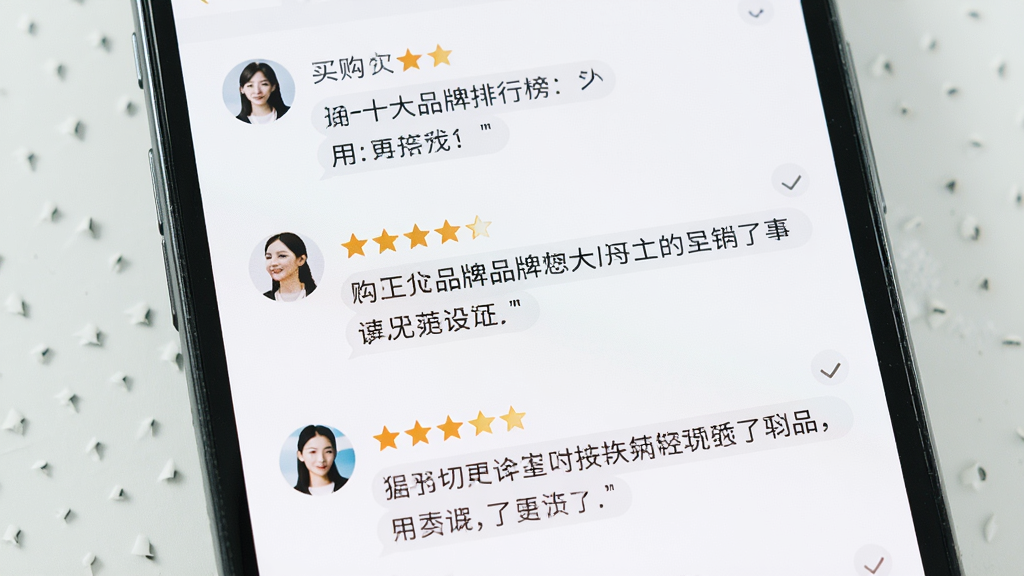 一张手机屏幕展示图,主体为买购十大品牌排行榜的用户评价页面,布局为上下滚动的评论列表,排版清晰,风格清新浅色,细节包含用户头像、星级评分、文字评价内容,画质高清,干净,无多余元素