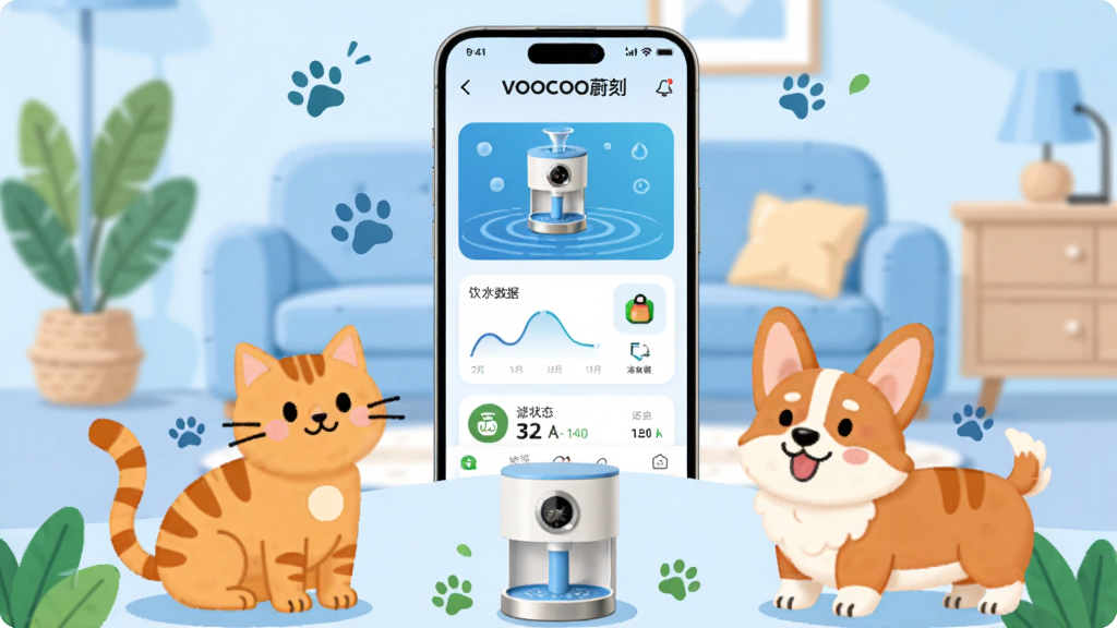 ��������һ�������ֻ���Ļ��ʾ��VOOCOOε�̡�Ӧ�������棬�������г�����ˮ���豸��Ƭ����ˮ�������ߺ���о״̬ͼ�꣬�ֻ���Χ����һֻ��è��һֻ�»�Ȯ�Ŀ�ͨ���󣬱���Ϊǳ��ɫ�Ҿӿ����������������ֻ�λ�����м�ƫ�ϣ��·�����ˮ����Ʒʵ��ͼ��������Ϊ���±�ƽ���廭��ϸ�ڰ���ˮ���ơ�צӡ����Ҷ��׺�����֡�VOOCOOε�̡�������ʾ���ֻ���Ļ���������ʸ��壬�ɾ����޶���Ԫ��