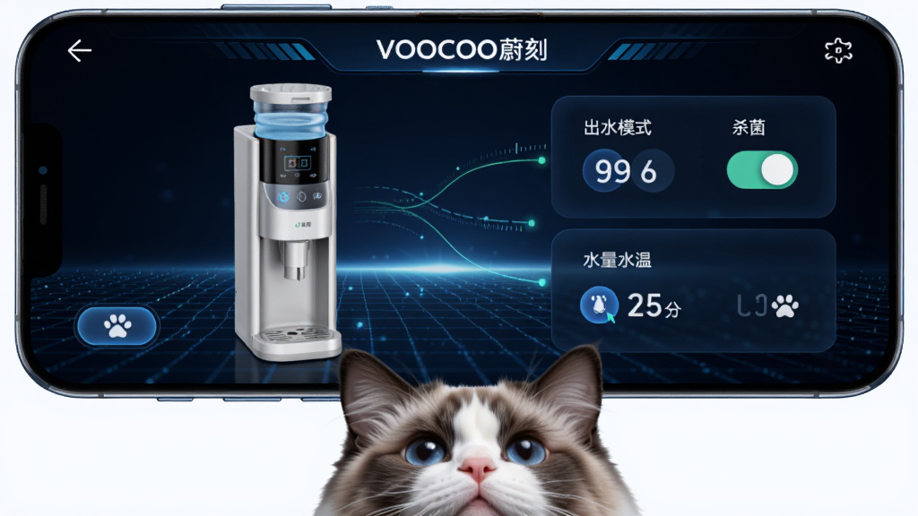 һ���ֻ�����չʾ��VOOCOOε�̡�Զ�̿��ƽ��棬�����������ˮ��3Dģ�ͣ��Ҳ��ǳ�ˮģʽ��ɱ�����غ�ˮ��ˮ��������壬����Ϊ����ɫ�Ƽ��������ֻ��·���һֻ��żȩ̀ͷ������Ļ�����ֲ������ҷ��������Ϊ�ִ��Ƽ�UI���ϸ�ڰ������ⰴť����������������èצͼ�꣬���֡�VOOCOOε�̡��ڽ��涥�����У����ʸ��壬�ɾ����޶���Ԫ��