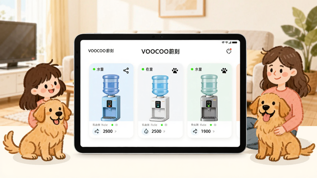 һ��ƽ�����չʾ��VOOCOOε�̡����豸�������棬��������������̨��ͬ��ɫ����ˮ����Ƭ��ÿ�ſ�Ƭ��ʾ����״̬��ˮ����ƽ���Ա���һ�����ڵĿ�ͨ�ֻ������һֻ��ëȮ������Ϊ��������������Ϊƽ����У����ﻷ�ƣ����Ϊ��ܰ��ͥ�廭��ϸ�ڰ����豸�����̵㡢����ͼ�ꡢ����צӡ�����֡�VOOCOOε�̡��ڽ��涥�������ʸ��壬�ɾ����޶���Ԫ��
