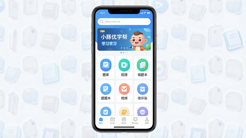 一张展示小豚优学帮手机APP主界面的产品预览图,画面中央是一部竖屏智能手机,屏幕内呈现学习类应用首页,顶部有搜索框和轮播横幅,中部为功能图标网格,包含题库、视频、错题本等入口,底部为导航栏,整体布局清晰,排版简洁,风格为现代教育类APP常用的清爽蓝白配色,细节上图标圆润、文字清晰,画质高清,干净,无多余元素