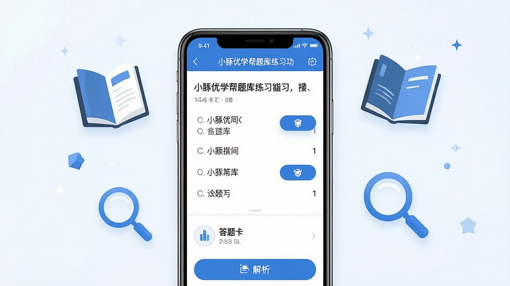 一张展示小豚优学帮题库练习功能的界面截图风格图片,画面主体为手机屏幕中的做题页面,上方显示题目题干和选项,下方有答题卡和解析按钮,屏幕旁边漂浮着几本电子书和放大镜图标,象征知识检索与学习,布局居中,排版整齐,风格为扁平化教育科技风,配色以蓝色和白色为主,细节上选项按钮带有选中高亮效果,画质高清,干净,无多余元素
