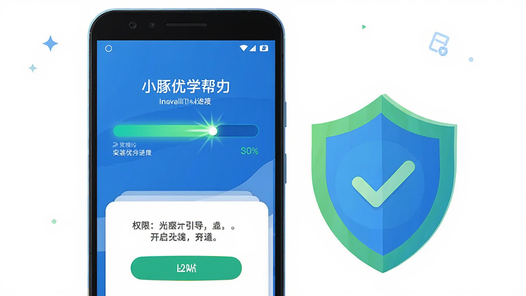 小豚优学帮移动端安装操作示意图,画面为一部安卓手机,屏幕上显示安装进度条和权限开启引导页面,手机旁边有一个盾牌图标代表安全防护,布局为居中构图,风格为扁平化科技插画风,配色以蓝色和绿色为主,细节上进度条带有光效,画质高清,干净,无多余元素