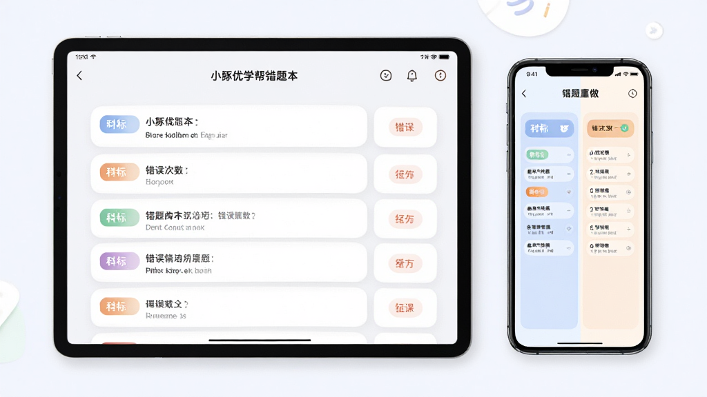 小豚优学帮错题本功能界面展示图,画面为一部横放的平板电脑和一部手机并排展示,平板屏幕内呈现错题列表页面,每条错题带有科目标签和错误次数标记,手机屏幕显示错题重做界面,布局为左右对比排版,风格为简约学习工具风,配色柔和,细节上列表项带有圆角卡片效果,画质高清,干净,无多余元素