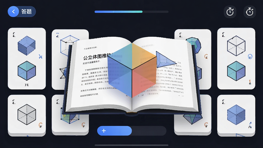 考公立体图推软件主界面展示,画面中央是一本翻开的电子书与三维立方体模型交叠,周围环绕着各类立体图形推理题目卡片,主体位于屏幕正中,布局采用上下分层、左右对称的排版方式,风格为现代简约教育类App界面,细节包含悬浮的答题按钮、进度条和计时器图标,画质清晰,干净,无多余元素。