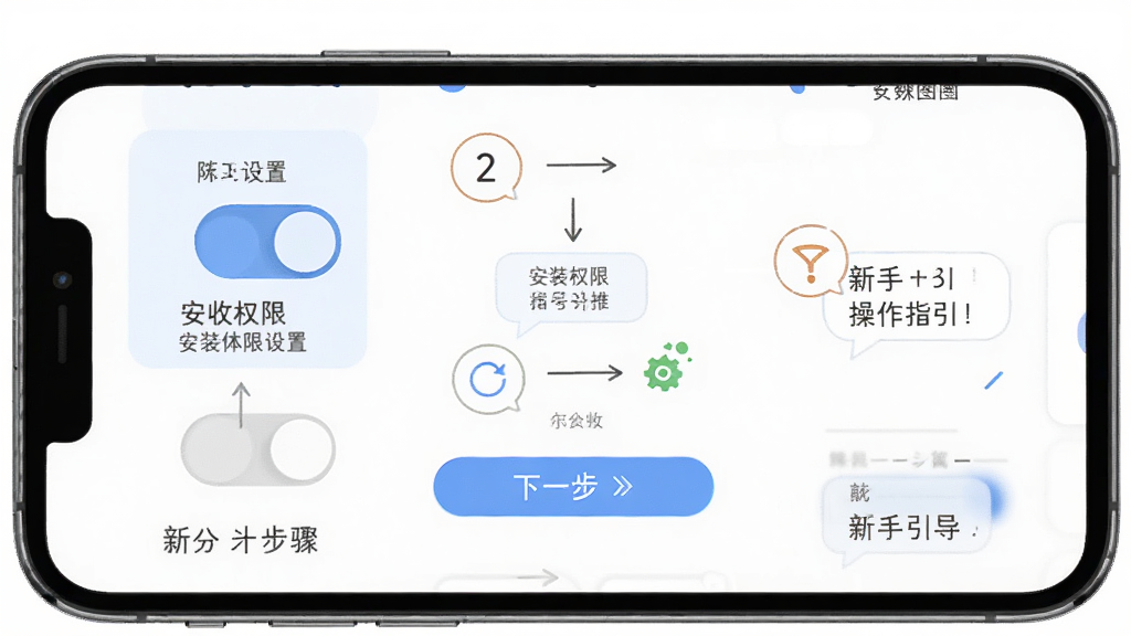 考公立体图推新手操作指引界面展示,画面主体为手机屏幕显示安装权限设置与新手引导步骤,布局采用分步图解式排版,风格为简洁明快的教程类应用界面,细节包含权限开关、下一步按钮和提示气泡,画质清晰,干净,无多余元素。