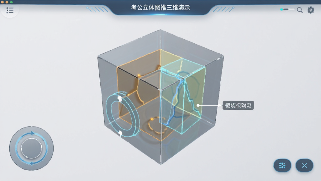 考公立体图推三维演示界面展示,画面主体为一个可旋转的透明立方体被平面切割,显示截面形状变化,布局采用全屏沉浸式3D视窗,风格为科技感教育应用界面,细节包含旋转控制环、视角切换按钮和截面高亮标注,画质清晰,干净,无多余元素。
