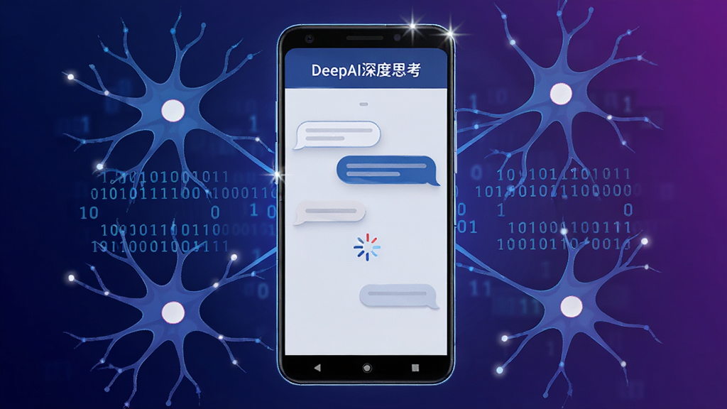 画面中央是一部竖屏安卓手机,手机屏幕上显示“DeepAI深度思考”的对话界面,界面中有气泡对话框和思考中的加载动画,手机周围环绕着发光的神经元线条和二进制代码符号,背景为深蓝色渐变到紫色的科技感色调,整体布局简洁明了,主体突出手机与软件界面,风格为现代科技扁平插画,细节上手机边缘有轻微的高光反射,画质清晰干净,无多余元素
