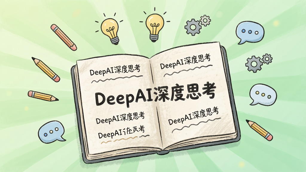 画面主体是一张打开的笔记本,笔记本页面上显示“DeepAI深度思考”生成的各类文案片段,笔记本周围漂浮着铅笔、灯泡、齿轮和对话气泡等图标,背景为淡绿色渐变,布局采用中心发散构图,风格为清新手绘插画,细节上笔记本纸张有轻微的纹理质感,画质柔和干净,无多余元素