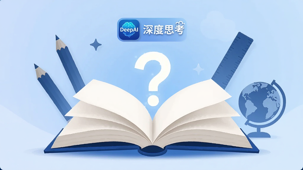 画面主体是一本打开的书本,书本上方悬浮着“DeepAI深度思考”的图标和一个发光的问号,书本周围有铅笔、尺子、地球仪等学习用品剪影,背景为淡蓝色渐变,布局采用居中构图,风格为清新教育插画,细节上书本页面有细微的翻页弧度,画质清晰干净,无多余元素
