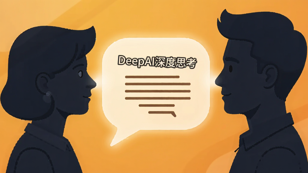 画面中展示两个人物剪影面对面站立,中间有一个发光的对话气泡连接着他们,气泡内部显示“DeepAI深度思考”字样和连续的多条对话线条,背景为温暖的橙黄色渐变,布局采用左右对称构图,风格为扁平化插画,细节上对话气泡带有轻微的光晕效果,画质清晰干净,无多余元素
