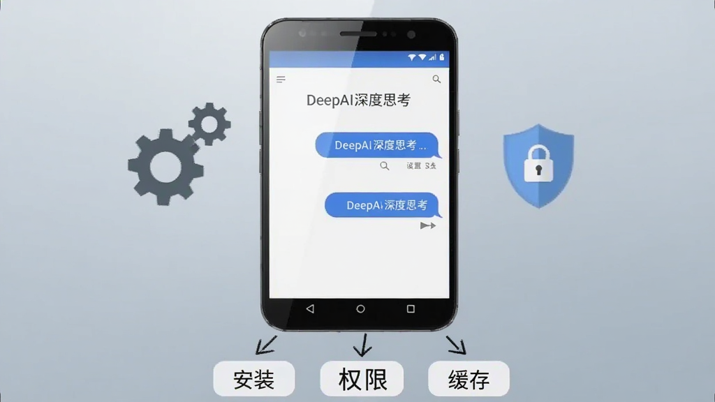 画面主体是一部安卓手机屏幕显示“DeepAI深度思考”的对话界面,手机旁边有齿轮图标和盾牌图标代表设置与安全,手机下方有箭头指向“安装”“权限”“缓存”三个关键词标签,背景为浅灰蓝色渐变,布局采用左中右三段式构图,风格为信息图表式插画,细节上手机屏幕有轻微反光,画质干净清晰,无多余元素