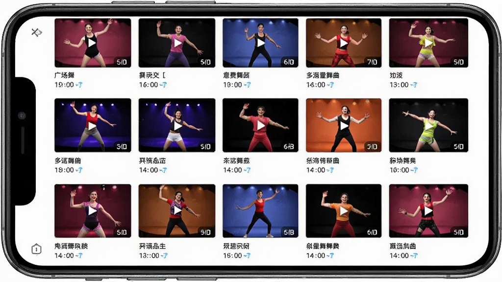 广场舞免费多海量舞曲界面截图,画面主体为手机屏幕展示广场舞免费多应用的舞曲列表页面,布局采用网格排列展示多个舞蹈视频封面缩略图,排版整齐清晰,风格明亮活泼,细节上每个封面配有舞曲名称和时长标注,画质高清干净,背景为纯白色,无多余装饰元素