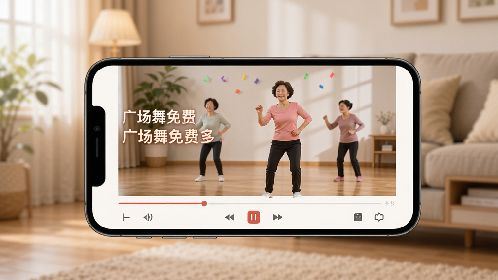 广场舞免费多移动端操作界面展示图,画面主体为一部智能手机横向放置,屏幕中显示广场舞免费多应用正在播放舞蹈教学视频,布局上视频占据主要画面,下方有进度条和控制按钮,排版简洁直观,风格温馨自然,细节上突出大字体标题和清晰的画面质量,画质高清干净,背景为柔和的室内环境,无多余元素