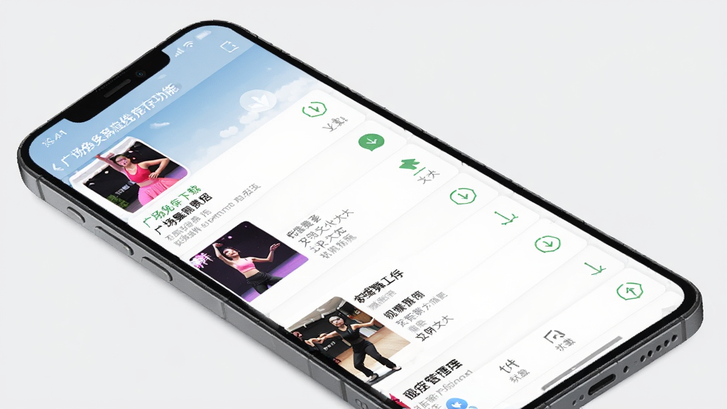 广场舞免费多离线缓存功能示意图,画面主体为手机屏幕显示广场舞免费多应用下载管理界面,布局为列表形式展示已缓存的舞蹈视频,排版简洁明了,风格清新淡雅,细节上每个条目显示舞蹈名称、文件大小和下载状态图标,画质高清干净,背景为浅灰色,无多余元素