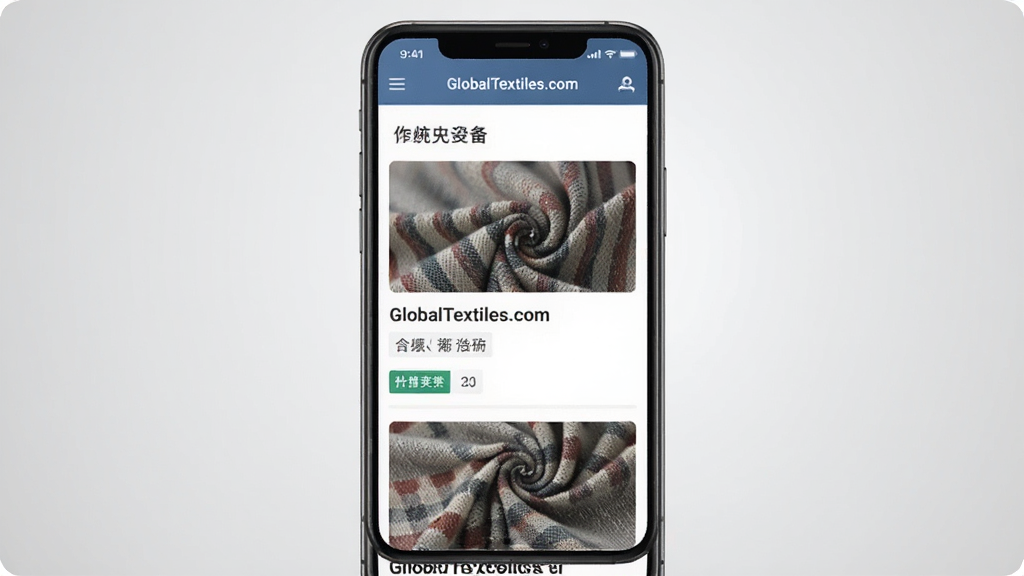 一张展示GlobalTextiles.com应用主界面的手机屏幕效果图,画面中央是一部竖屏智能手机,屏幕内呈现纺织行业资讯列表页面,包含面料缩略图、标题文字和分类标签,背景为浅灰色渐变,风格简洁商务,细节清晰,画质干净,无多余元素