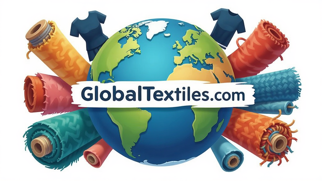 一幅以GlobalTextiles.com为主题的AI生图,画面主体为地球与纺织布料交织的创意插画,地球表面环绕着不同颜色的面料卷和服装剪影,布局居中对称,风格现代扁平化,细节丰富,画质清晰,干净无多余元素