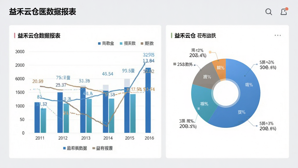 益禾云仓数据报表页面,屏幕中展示柱状图与饼状图,数据标注清晰,背景为浅灰色,风格简约商务,细节丰富,画质干净,无多余元素
