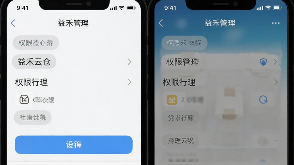 益禾云仓应用在手机上的设置页面截图,显示权限管理选项,画面清晰,风格简洁,细节丰富,画质干净,无多余元素