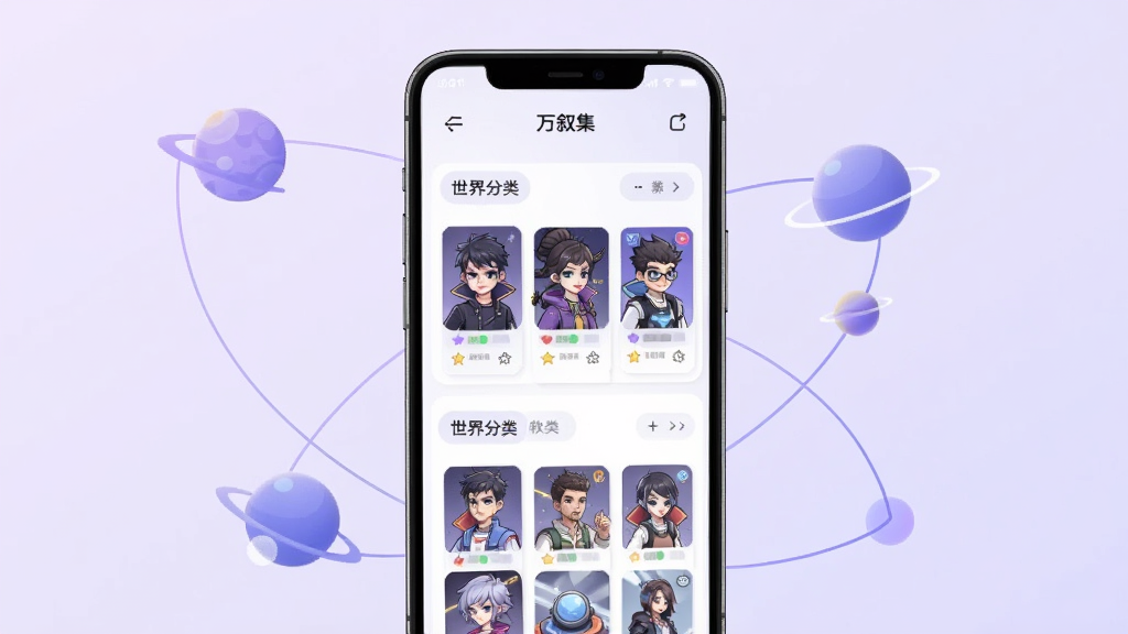 一张展示万叙集软件主界面的预览图,画面中央是手机屏幕,屏幕内显示角色卡片列表与世界观分类标签,背景为柔和的浅紫色渐变,周围点缀抽象的星球与连接线元素,整体风格清新简洁,画质清晰干净,无多余元素