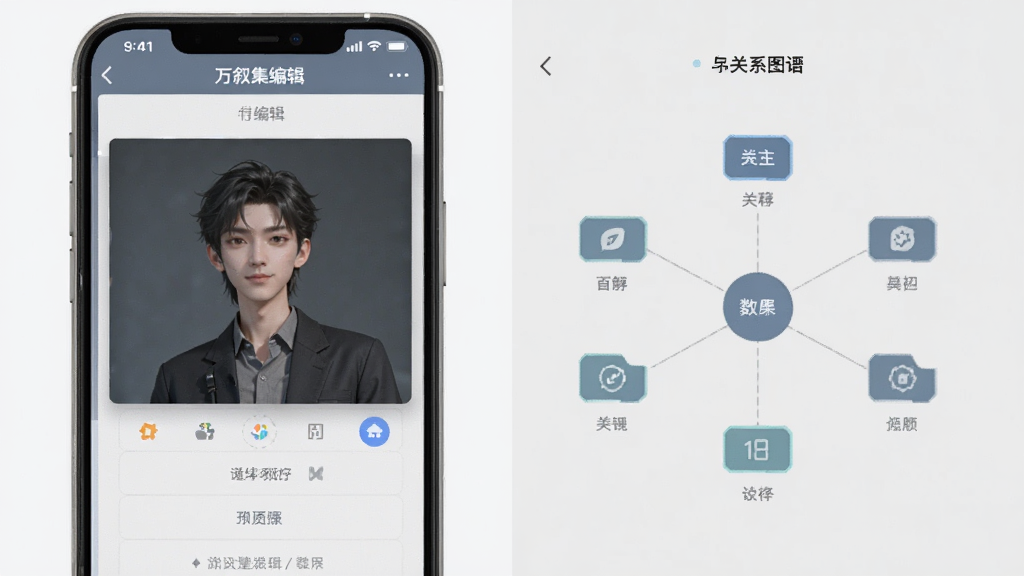万叙集软件在手机上的操作界面截图,画面展示角色编辑页面与关系图谱的对比,背景为浅灰色,风格简洁,画质清晰,无多余元素
