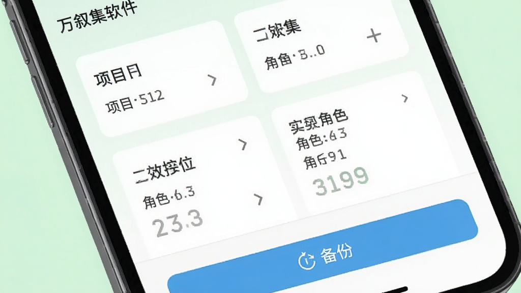 万叙集软件中项目管理与备份界面的生图,画面展示手机屏幕上列出多个项目卡片,每个卡片有项目名称和角色数量,底部有备份按钮,背景为浅绿色,风格清新,画质干净,无多余元素