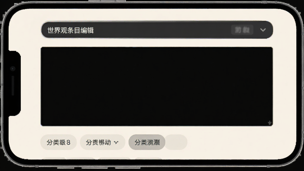 万叙集软件中世界观条目编辑页面的生图,画面展示手机屏幕内有一个标题输入框和正文编辑区域,下方有分类标签按钮,背景为米白色,风格简约商务,画质清晰,无多余元素