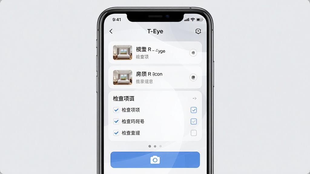 一张展示T-Eye软件界面的手机样机图,主体是一部竖屏智能手机,屏幕中显示房屋查验记录应用的首页,页面上有房间列表、检查项勾选框和拍照按钮,布局简洁清晰,排版为居中展示手机正面,背景为浅灰色纯色背景,风格为现代科技产品展示风,细节上手机边框圆润、屏幕有轻微反光、界面元素清晰可辨,画质高清、干净、无多余元素