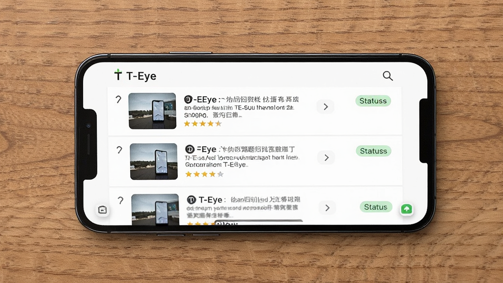 一部手机平放在桌面上,屏幕显示T-Eye应用的问题归档列表页面,列表中包含多条记录,每条记录左侧有缩略图、右侧有文字描述和状态标签,主体为手机与桌面,布局为俯视平铺构图,排版整齐,风格为简约办公风,细节有桌面木纹、手机界面清晰、列表分隔线明显,画质高清、干净、无多余元素
